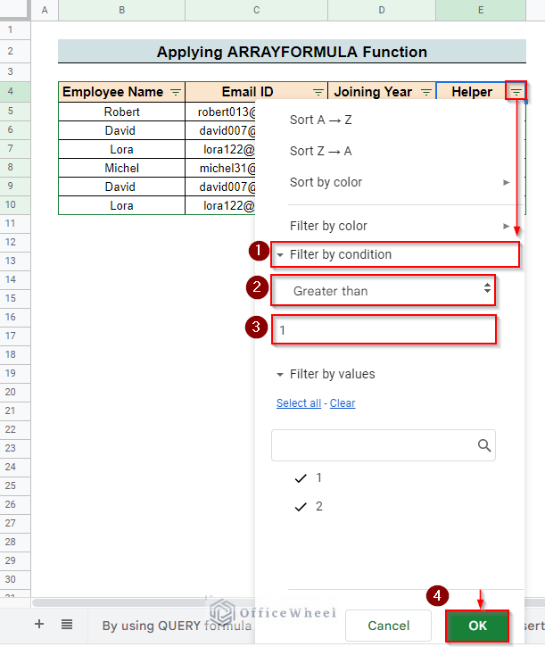 applying arrayformula function to filter duplicates from google sheets